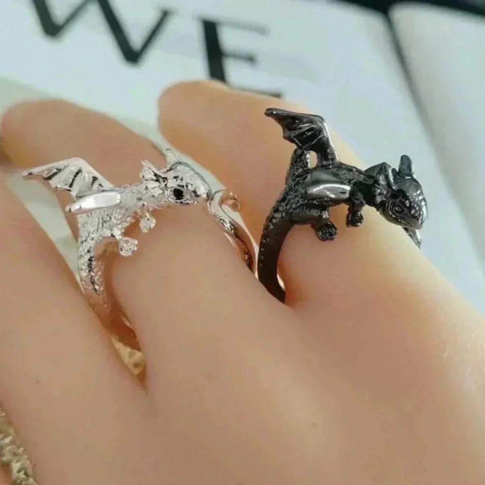 1 pc cute black-eyed shiny silver dragon Halloween costume adjustable goth ring